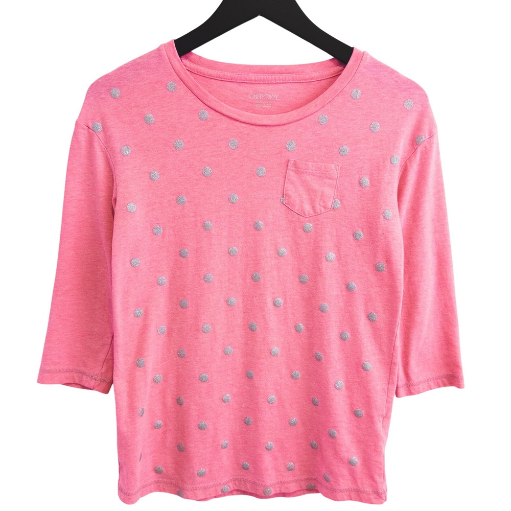 Cherokee Polka Dot Shirt Girls XL 14-16 Pink Silver Glitter 3/4 Sleeve Tee